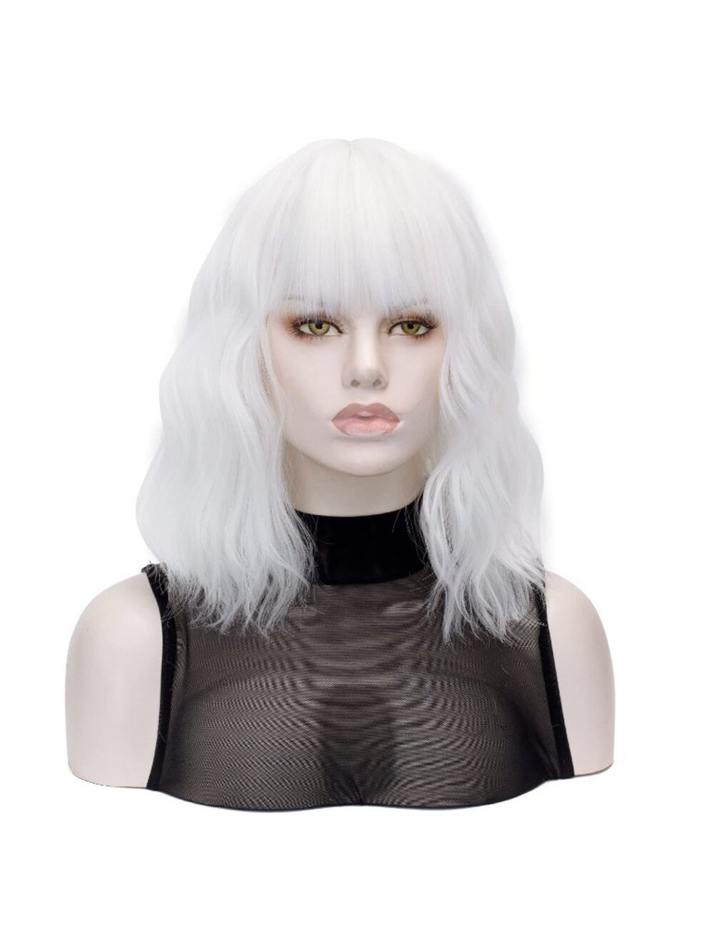 Women's Ivory Short Wavy Bob Wig with Bangs Shoulder Length Heat Synthetic